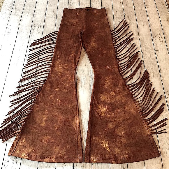 SHORT LENGTH High Waisted Fringe Bellbottoms in GOLDEN BROWN TIE DYE XS S M L XL - Picture 11 of 11
